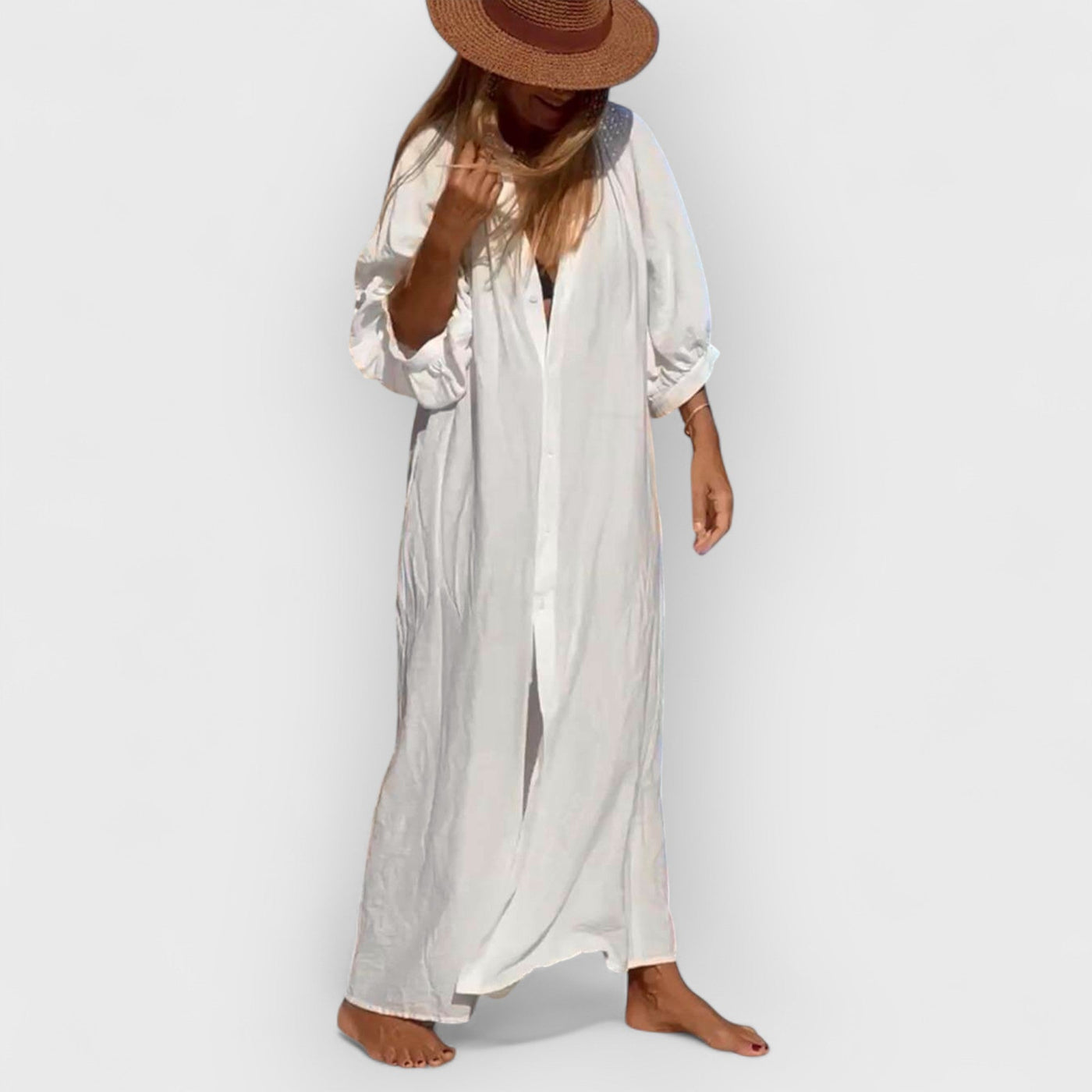 Balloon Sleeve Button Pocketed Loose Shirt Maxi Dress
