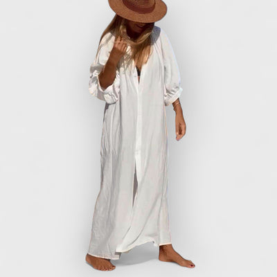 Balloon Sleeve Button Pocketed Loose Shirt Maxi Dress