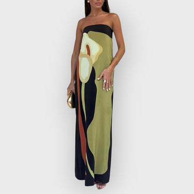 Fashion Contrast Sleeveless Off Shoulder Printed Maxi Dress