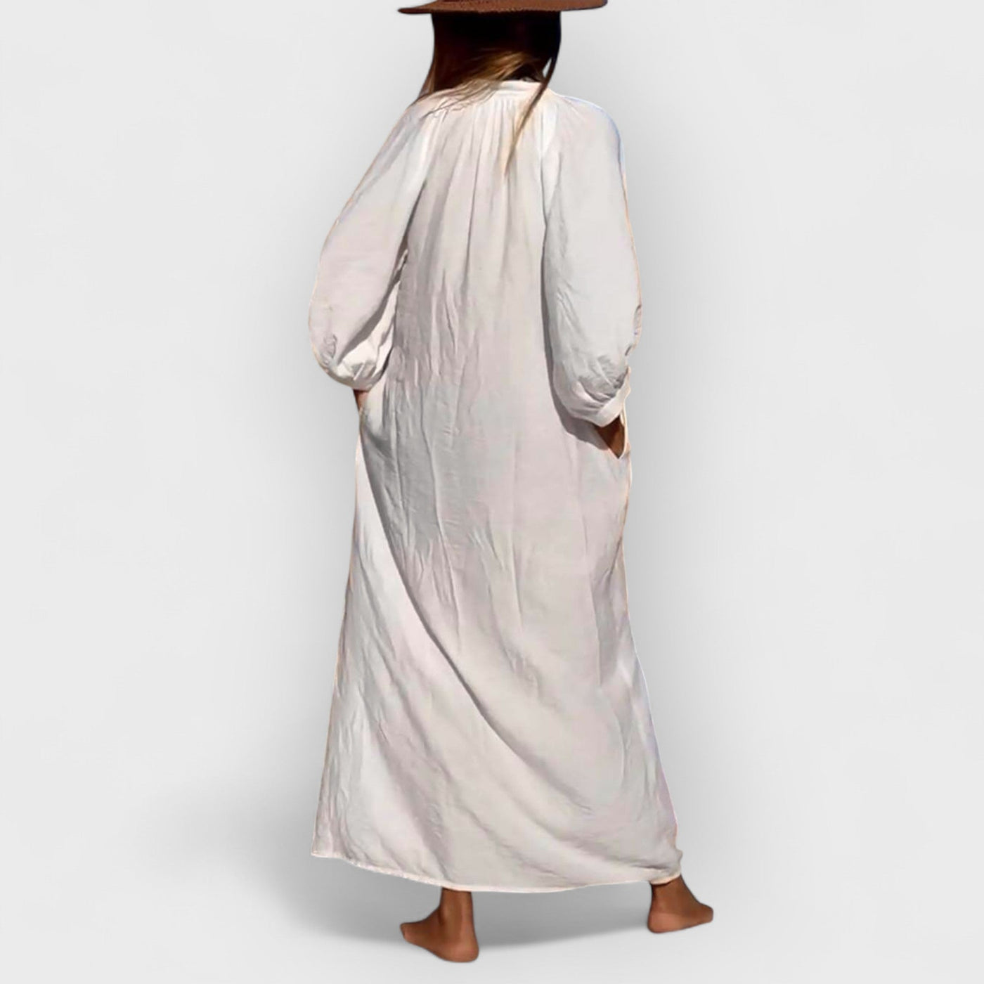 Balloon Sleeve Button Pocketed Loose Shirt Maxi Dress