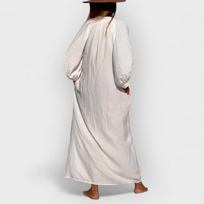 Balloon Sleeve Button Pocketed Loose Shirt Maxi Dress