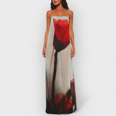 Vacation Abstract Tulip Print Slip H-Line Maxi Dress