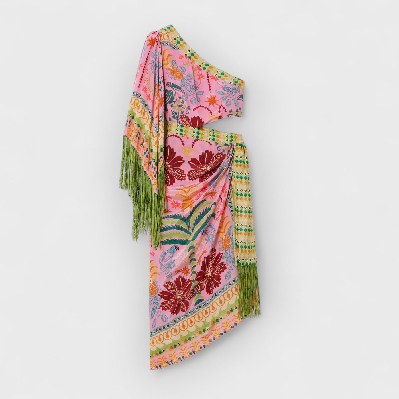 Fine Satin Art Palm Tree Floral Print Fringed Midi Dress