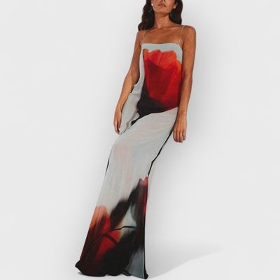 Vacation Abstract Tulip Print Slip H-Line Maxi Dress