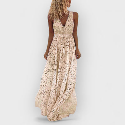 Bohemian V-Neck Sleeveless Polka-Dot Maxi Dress