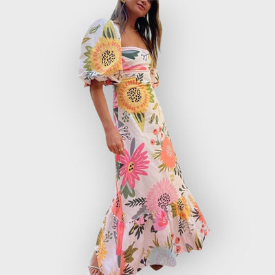 Floral Print Square Neck Bubble Sleeve Maxi Dress