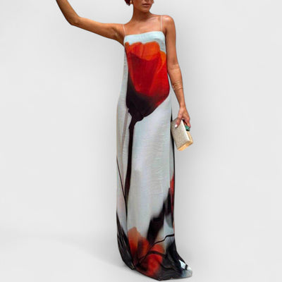 Vacation Abstract Tulip Print Slip H-Line Maxi Dress