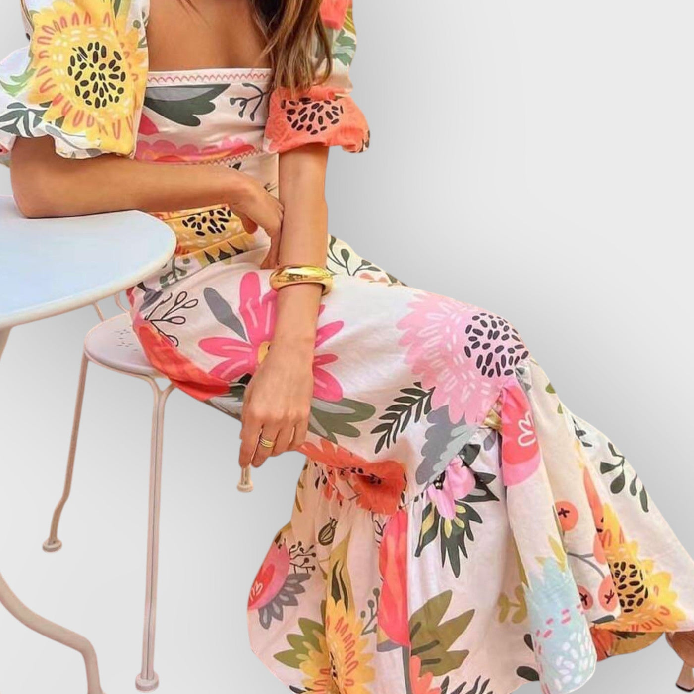 Floral Print Square Neck Bubble Sleeve Maxi Dress