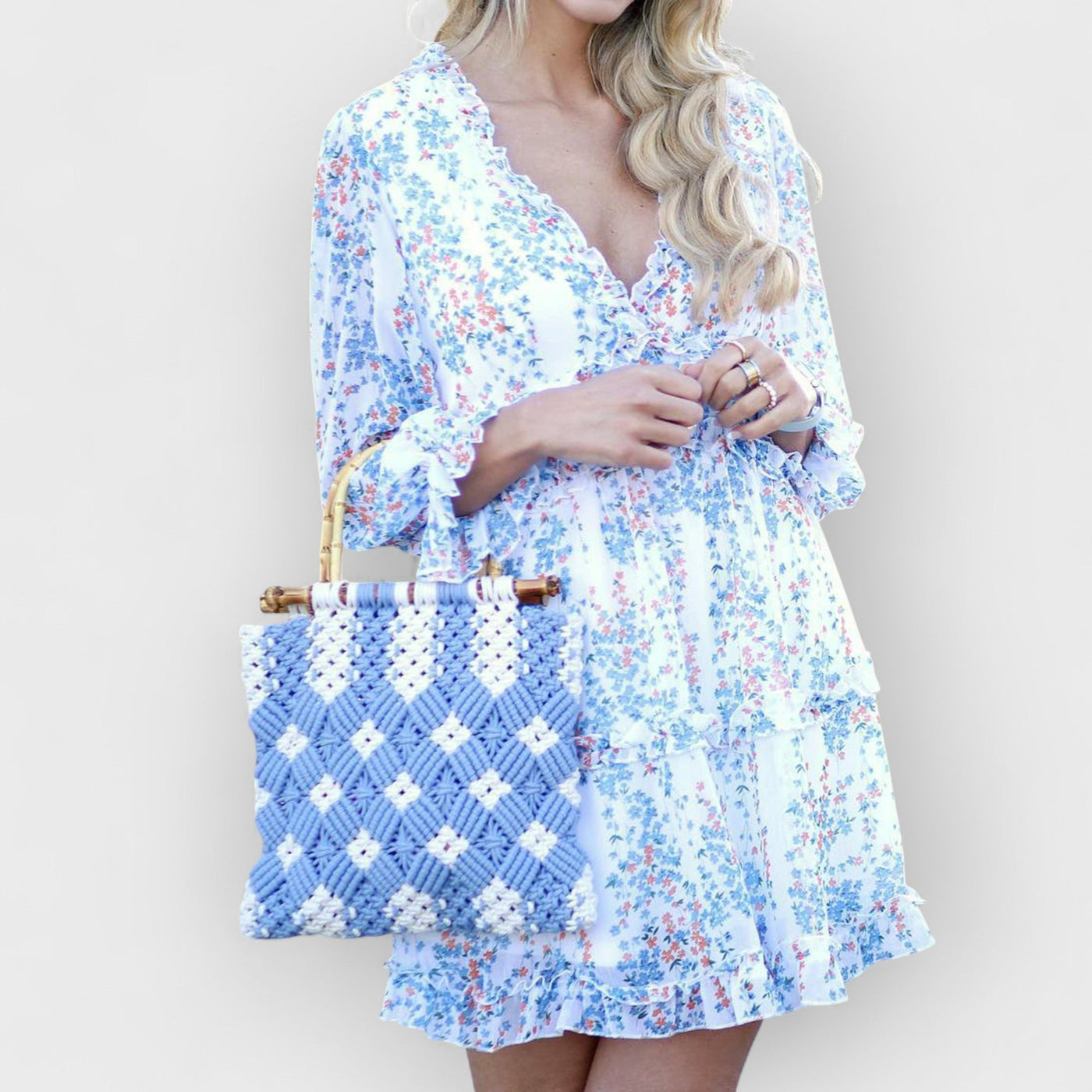 Bamboo Handle Two-Tone Woven Handbag