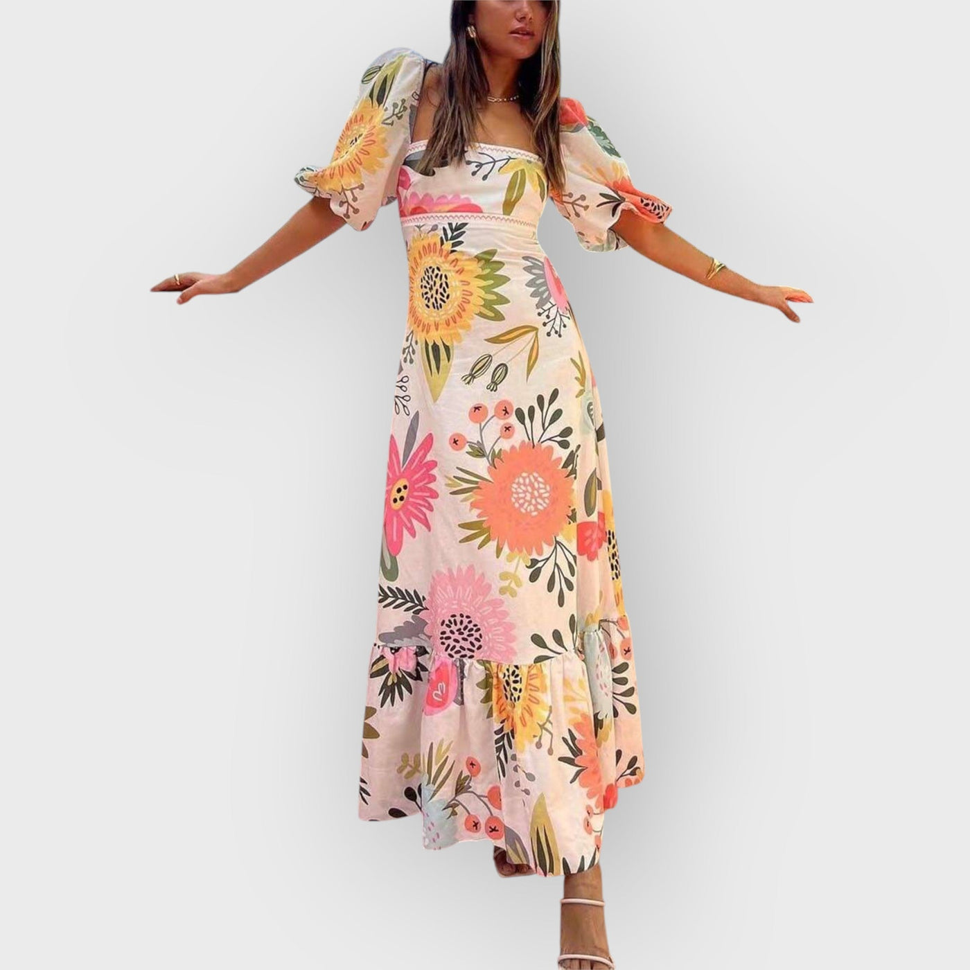 Floral Print Square Neck Bubble Sleeve Maxi Dress