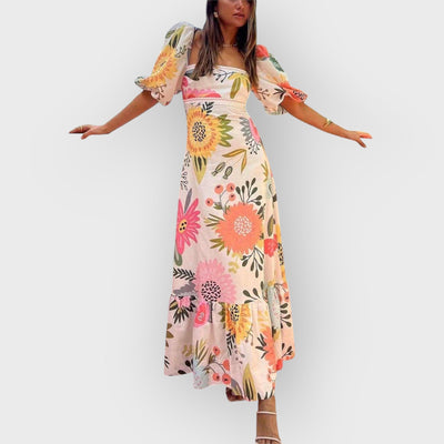 Floral Print Square Neck Bubble Sleeve Maxi Dress