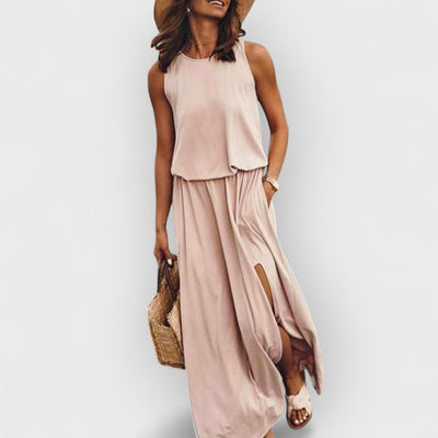 Loose Waisted Round Neck Sleeveless Slit Dress