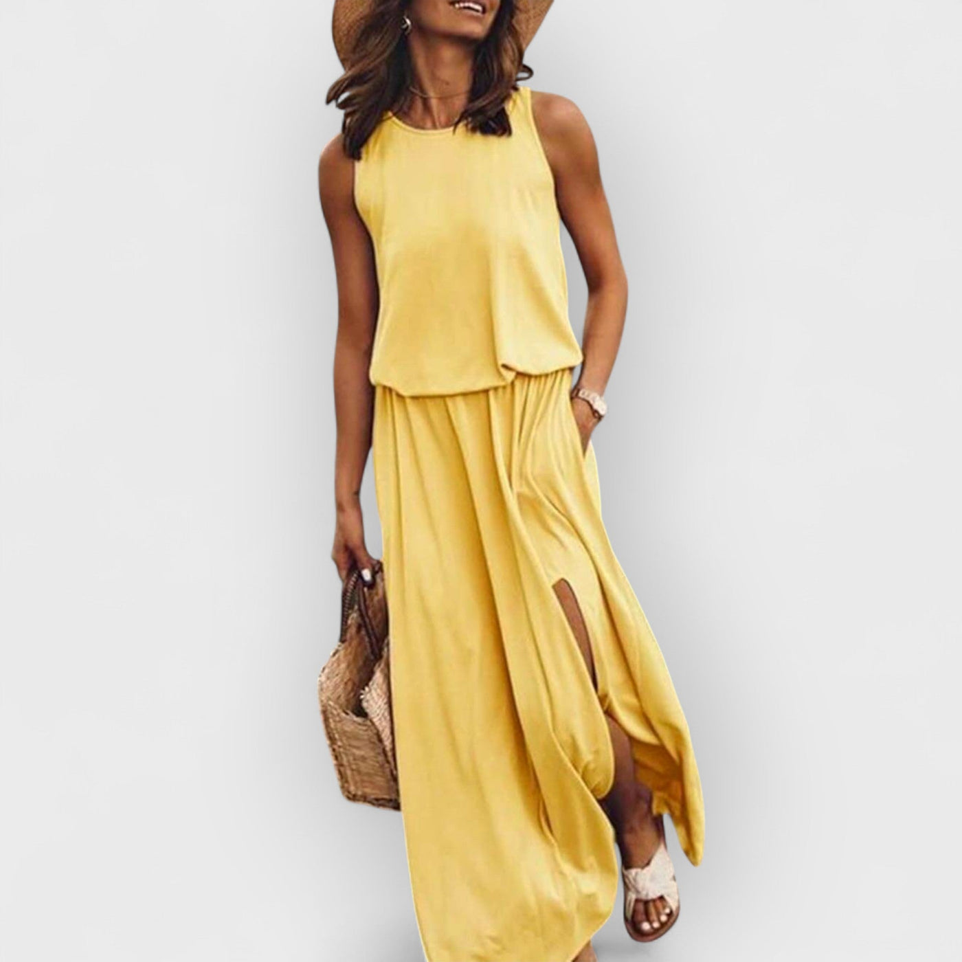 Loose Waisted Round Neck Sleeveless Slit Dress