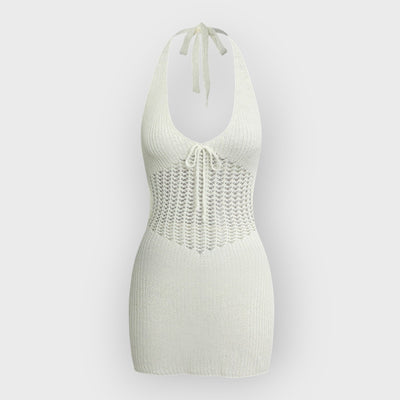 Halter Crochet Waist Backless Knit Mini Dress