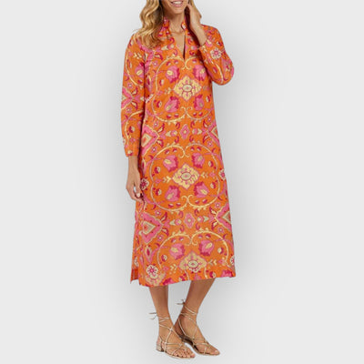 Stand Collar Printed Midi Dress