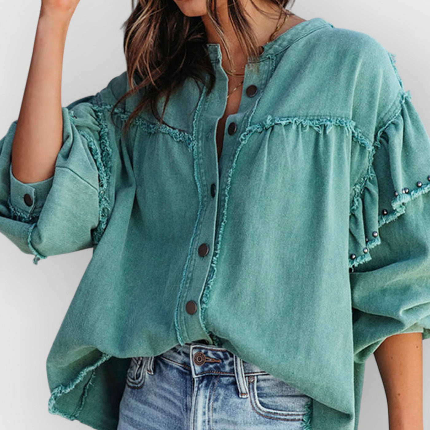 Lantern Sleeve Nail Bead Ruffled Denim Jacket Coat