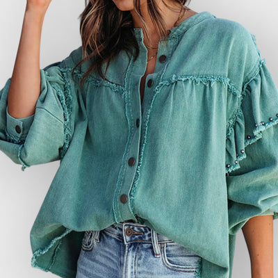Lantern Sleeve Nail Bead Ruffled Denim Jacket Coat