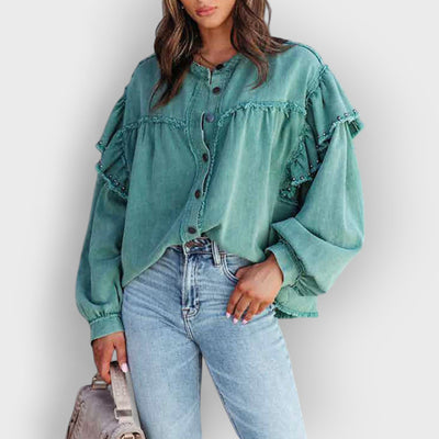 Lantern Sleeve Nail Bead Ruffled Denim Jacket Coat