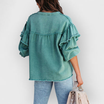 Lantern Sleeve Nail Bead Ruffled Denim Jacket Coat