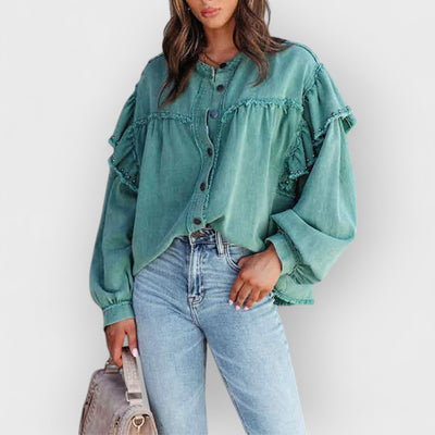 Lantern Sleeve Nail Bead Ruffled Denim Jacket Coat