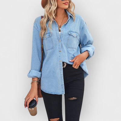 Collared Neck Dropped Shoulder Denim Top- Blue