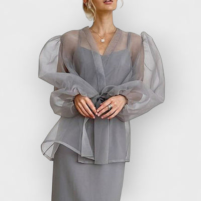 Sheer Sexy Top V Neck Long Puff Sleeves Bow Tie Chic Blouse