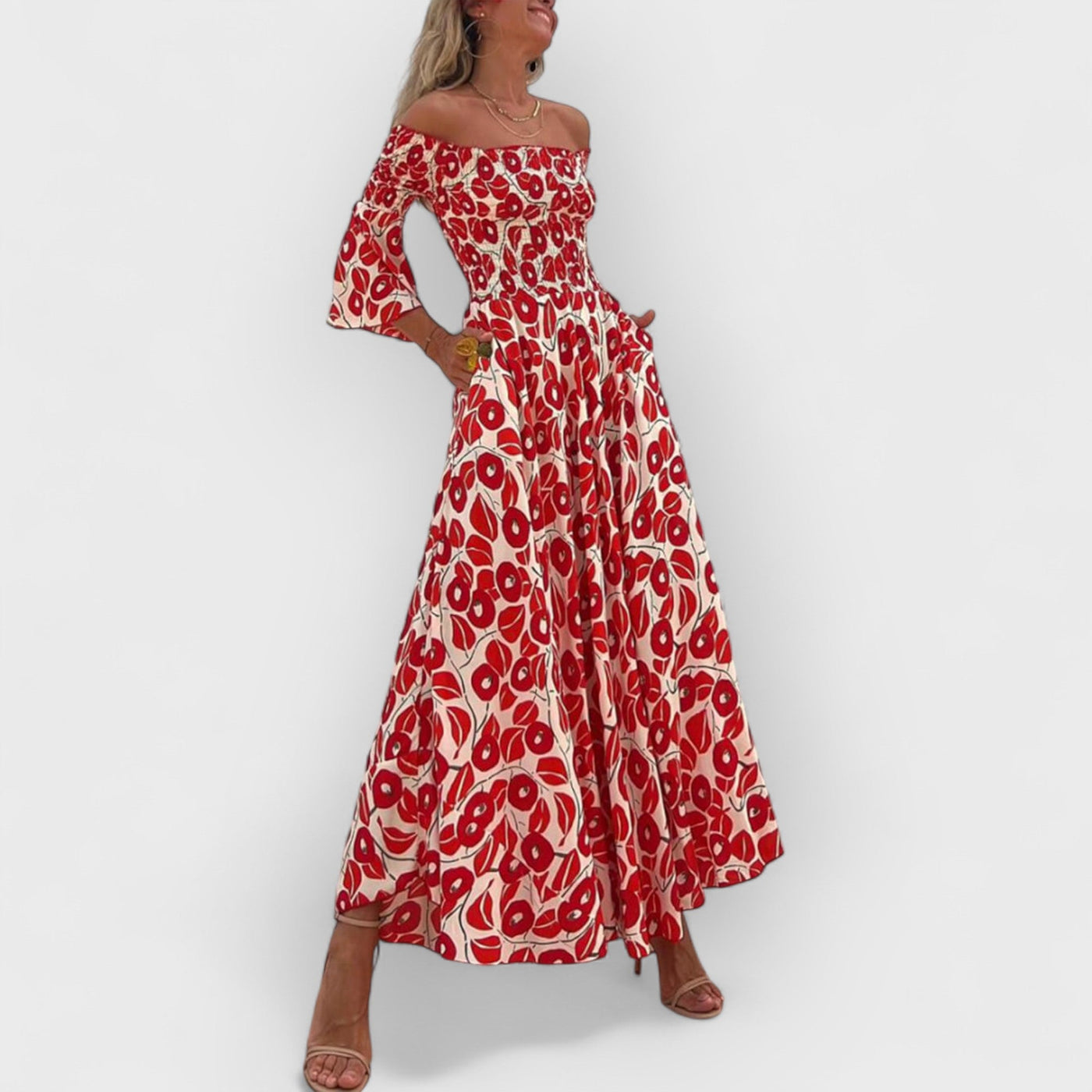Floral Print Smocked Off Shoulder Pocketed Maxi Dress