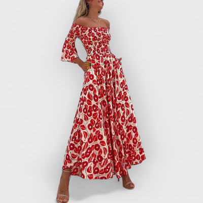 Floral Print Smocked Off Shoulder Pocketed Maxi Dress
