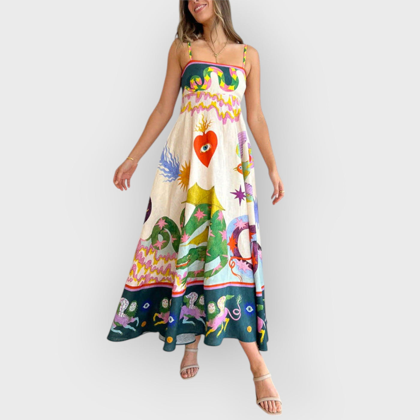 Linen Blend Unique Print Smocked Back Pocketed Midi Dress