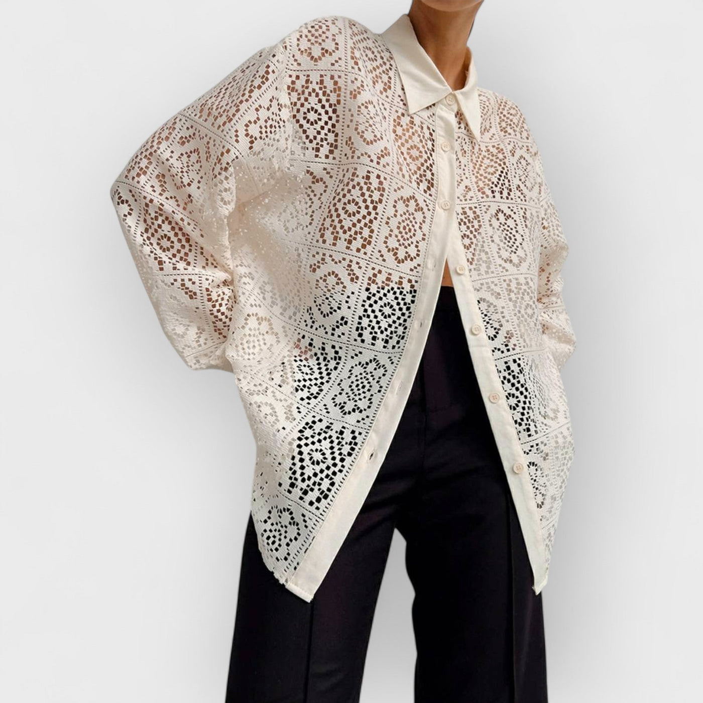 Long-Sleeve Collared Plain Pointelle Top