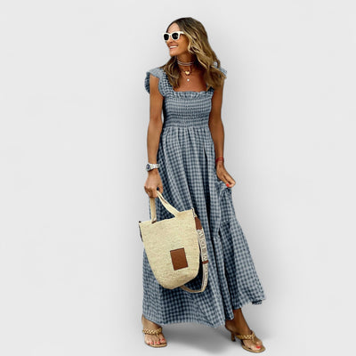 Plaid Ruffled-Sleeve Smocked Maxi Dress