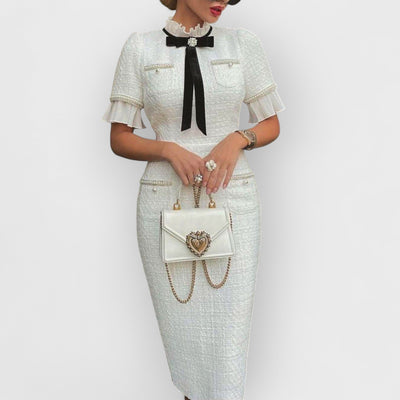 Tweed Pearl Trim Bow Design Formal Midi Dress