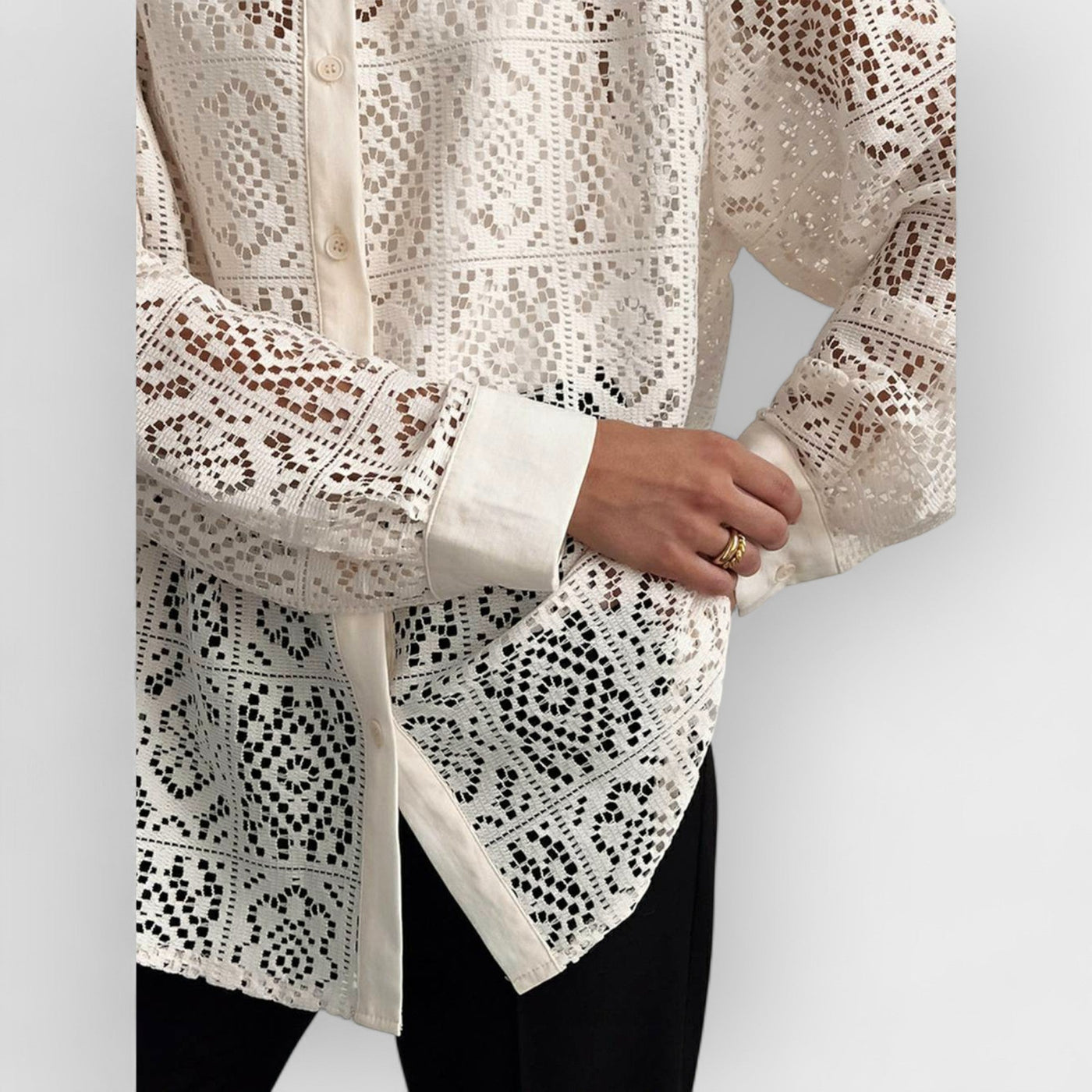 Long-Sleeve Collared Plain Pointelle Top