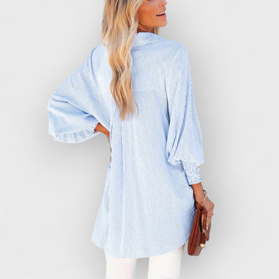 Sky Blue Smocked Cuffed Striped Boyfriend Shirt with Pocket