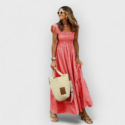 Plaid Ruffled-Sleeve Smocked Maxi Dress