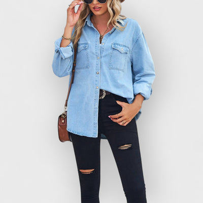 Collared Neck Dropped Shoulder Denim Top- Blue