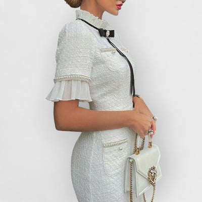 Tweed Pearl Trim Bow Design Formal Midi Dress