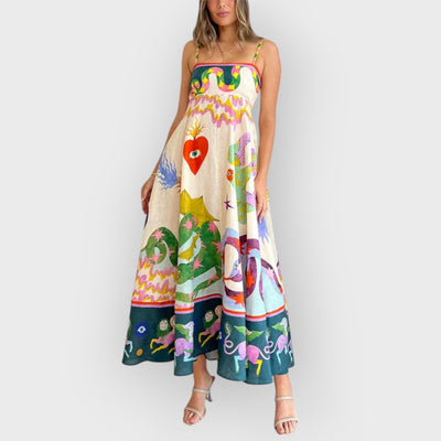 Linen Blend Unique Print Smocked Back Pocketed Midi Dress