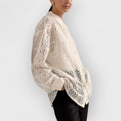 Long-Sleeve Collared Plain Pointelle Top