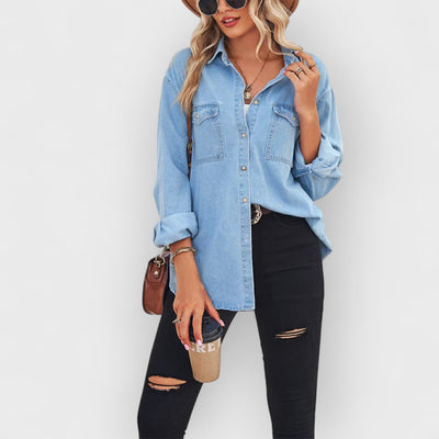 Collared Neck Dropped Shoulder Denim Top- Blue