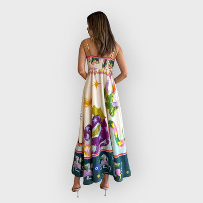 Linen Blend Unique Print Smocked Back Pocketed Midi Dress