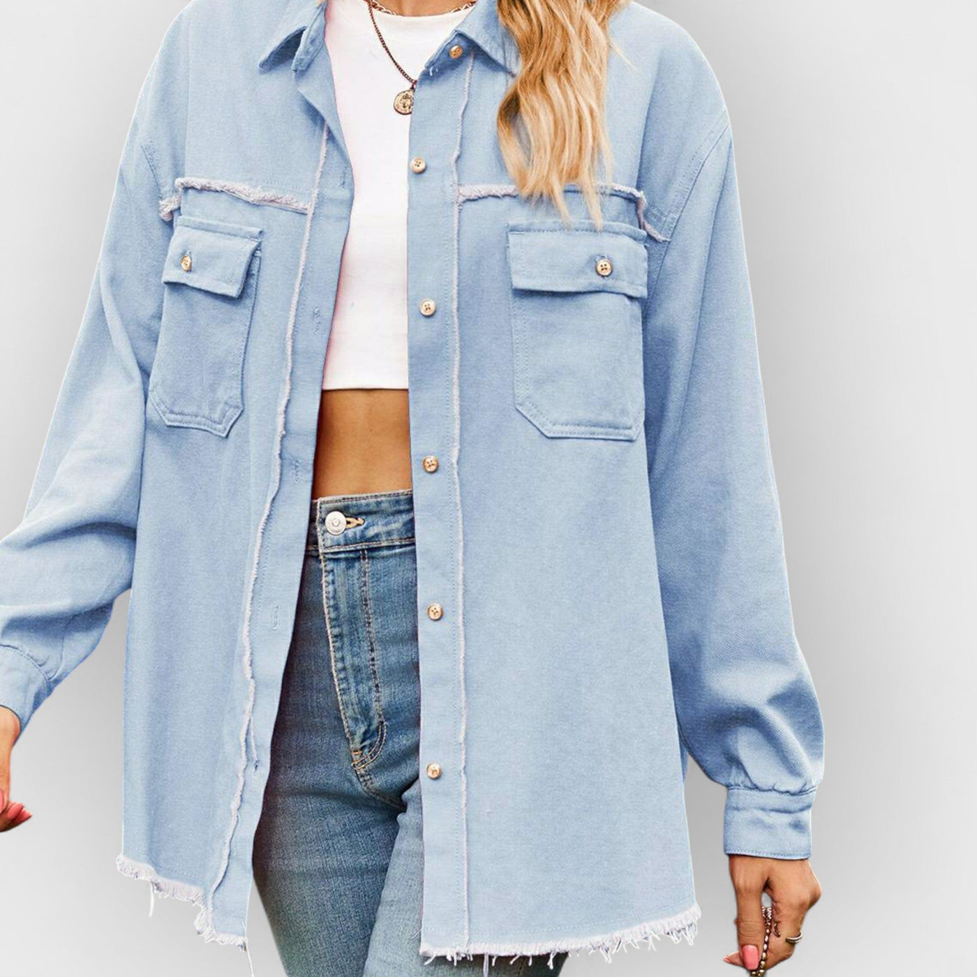 New Denim Raw Edge Washed Tassel Top Casual Shirt - Clear blue