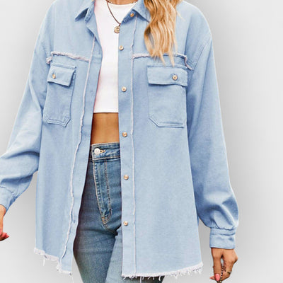 New Denim Raw Edge Washed Tassel Top Casual Shirt - Clear blue