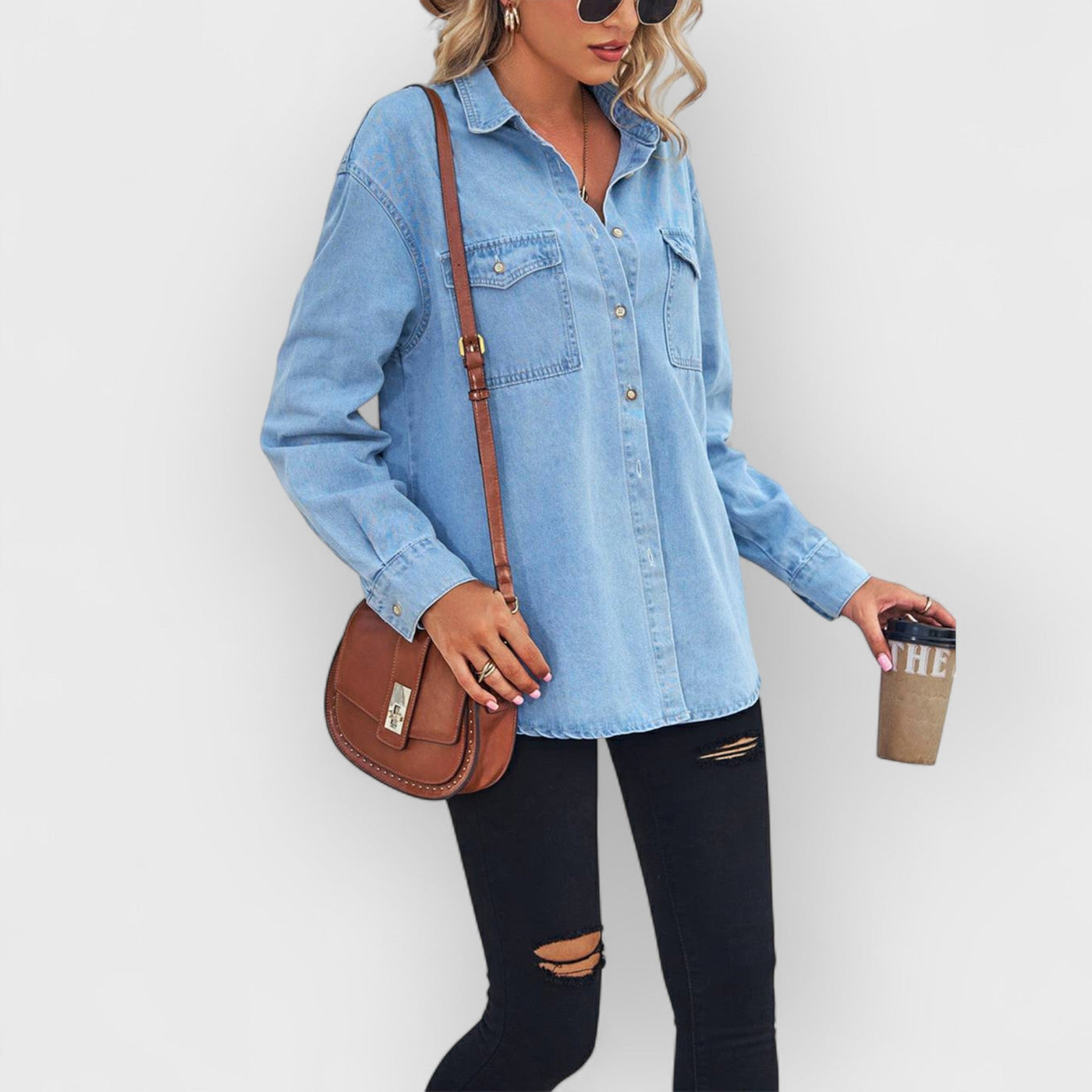 Collared Neck Dropped Shoulder Denim Top- Blue