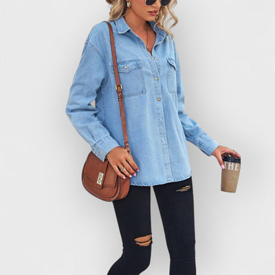 Collared Neck Dropped Shoulder Denim Top- Blue