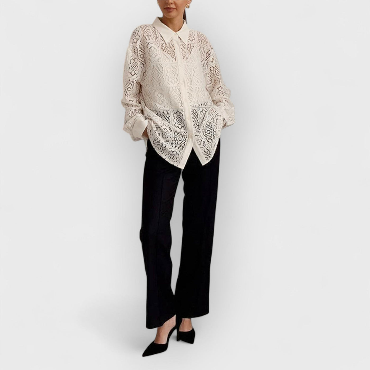 Long-Sleeve Collared Plain Pointelle Top
