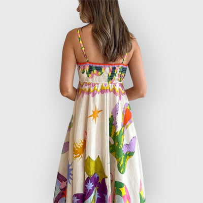 Linen Blend Unique Print Smocked Back Pocketed Midi Dress