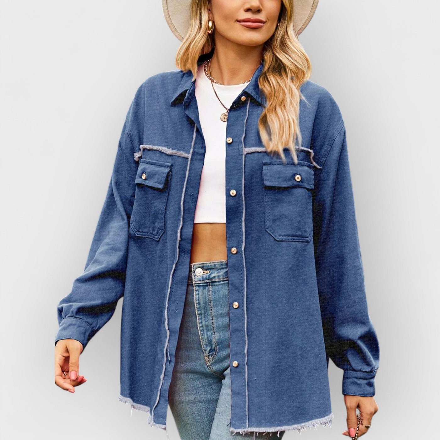 New Denim Raw Edge Washed Tassel Top Casual Shirt - Dark Blue