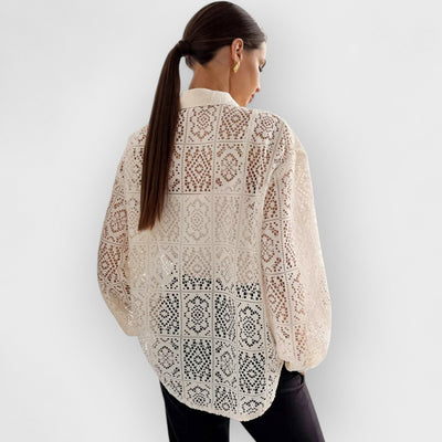 Long-Sleeve Collared Plain Pointelle Top
