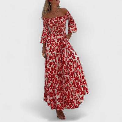 Floral Print Smocked Off Shoulder Pocketed Maxi Dress
